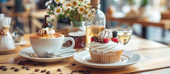 Hot coffee and dessert on a work table with a mask and an alcohol bottle placed nearby. with copy space image. Place for adding text or design