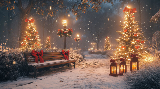 decorated bench with red bows in  winter park on christmas holiday