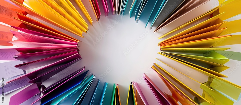 Poster Top view of vibrant hardback books arranged in a circle An open book with fanned pages set against a white background providing free copy space Back to school copy space Educational background