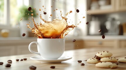 A white coffee cup splashing with a cookie dipping into the drink, surrounded by coffee beans on a bright kitchen table. Cozy breakfast moment concept.
