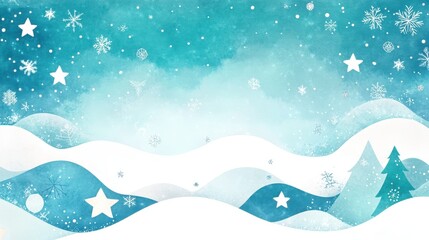 A whimsical winter scene with snowflakes, stars, and trees on a blue background. White snow-covered hills create a playful, dreamy landscape.