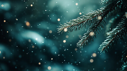winter landscape with snow covered fir branches on a blurred background