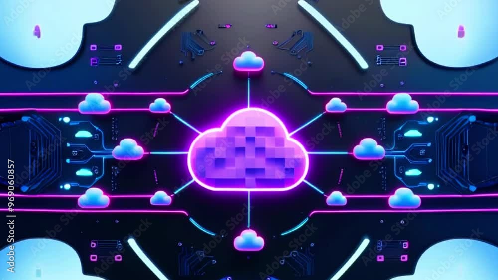 Canvas Prints Abstract futuristic glowing purple cloud network with neon lights.