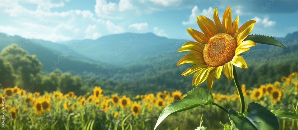 Poster sunflower on a mountain sunflower field. with copy space image. place for adding text or design
