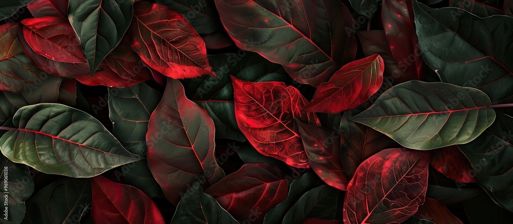Poster Dark large leaf texture with a red tint A creative arrangement of green leaves Flat lay Natural background. with copy space image. Place for adding text or design