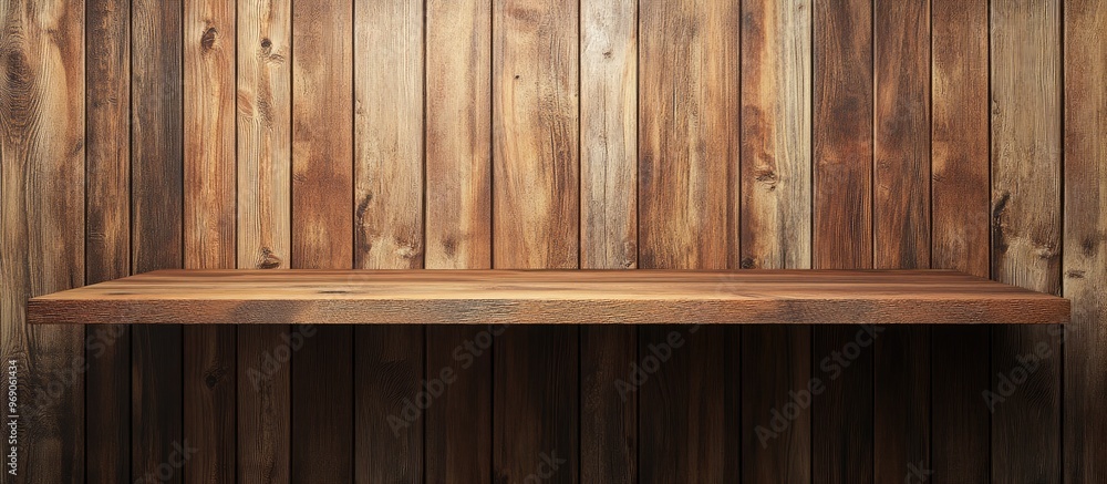 Aufkleber Empty wooden shelves against a backdrop of a wooden wall. with copy space image. Place for adding text or design