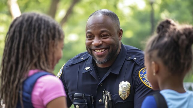 A police officer engages warmly with local residents in a park, promoting community trust and cooperation during a neighborhood gathering focused on interaction and support