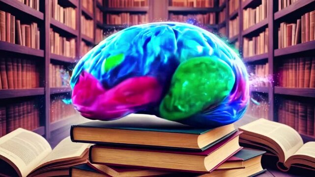 A colorful brain sits on top of a stack of books in a library.