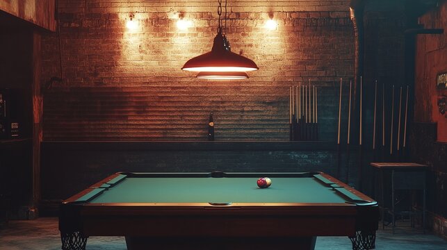a pool or billiards table in a pool hall or bar with interesting lighting