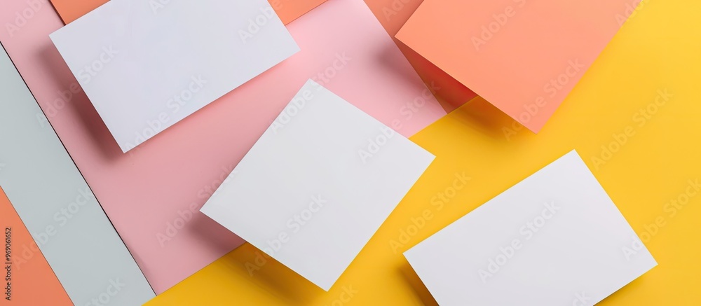 Poster white blank business card positioned with pink and orange papers overlapping on yellow paper in an a