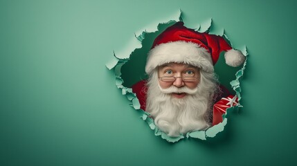 Santa Claus with a cheerful expression popping through a torn paper wall, creating a fun and festive look