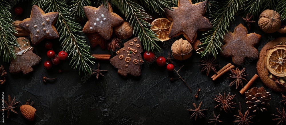 Poster christmas food with decorations christmas cookies with chocolate gingerbread cookies nuts and fir tw