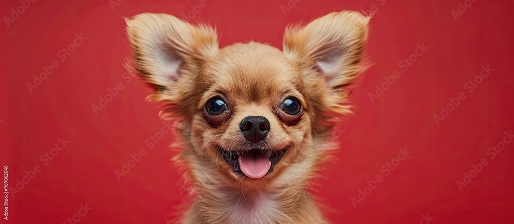 Poster portrait of an adorable chihuahua puppy a small smiling dog against a vibrant red background copyspa