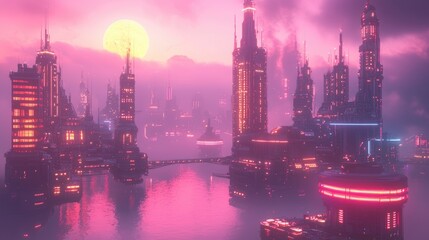 Naklejka premium Neon infused solarpunk floating city
