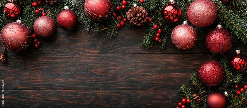 Aufkleber red and pink christmas ornaments on a dark wooden table top view. with copy space image. place for a