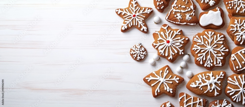 Poster christmas gingerbread adorned with festive decorations on a white wooden table background for the ch