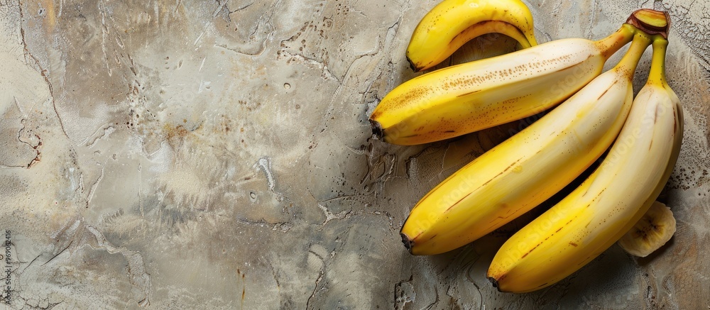 Poster A bunch of bananas along with a sliced banana placed on a table looking delicious and natural Set against a stone background Free copyspace Top view