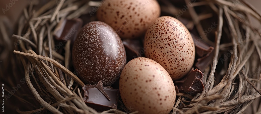 Aufkleber Chicken eggs combined with chocolate eggs in a nest viewed up close. with copy space image. Place for adding text or design