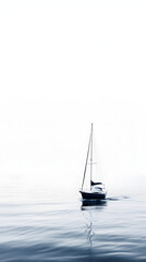 Fototapeta premium A yacht sailing on a serene white sea with soft ripples and distant hills shrouded in mist creates a tranquil and peaceful scene