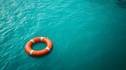 Bright orange lifebuoy floats on a tranquil turquoise sea, symbolizing safety and rescue in a serene marine setting