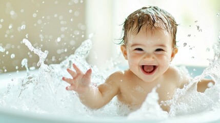 Happy Baby Bath Time: Giggling Infant in Tub with Splashes