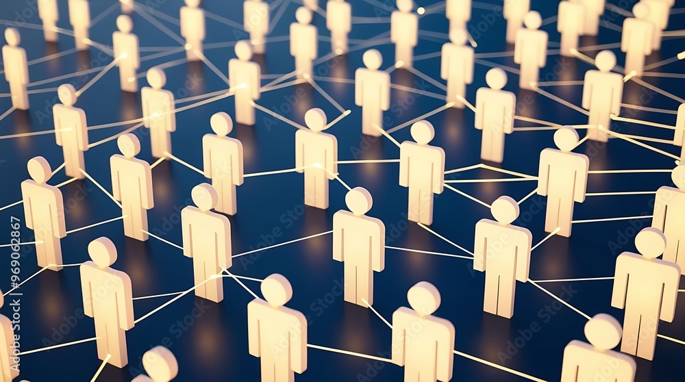 Poster digital illustration of a network of stylized human figures connected by lines and nodes, set agains