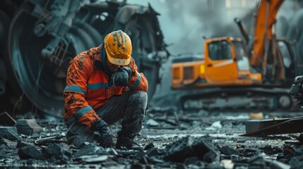 Industrial accident, technician assessing damage, safety gear