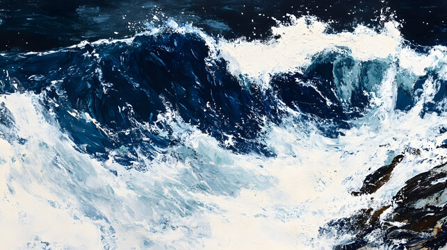 Deep navy waves crash against a white rocky shore, creating a dramatic contrast of colors and textures in a turbulent seascape captured in dynamic brush strokes