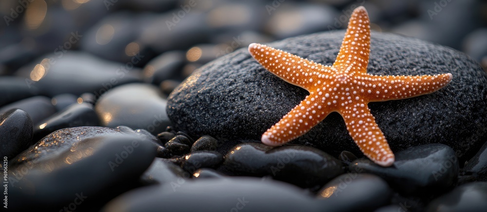 Poster lovely starfish on black stone by the sea room for text. with copy space image. place for adding tex