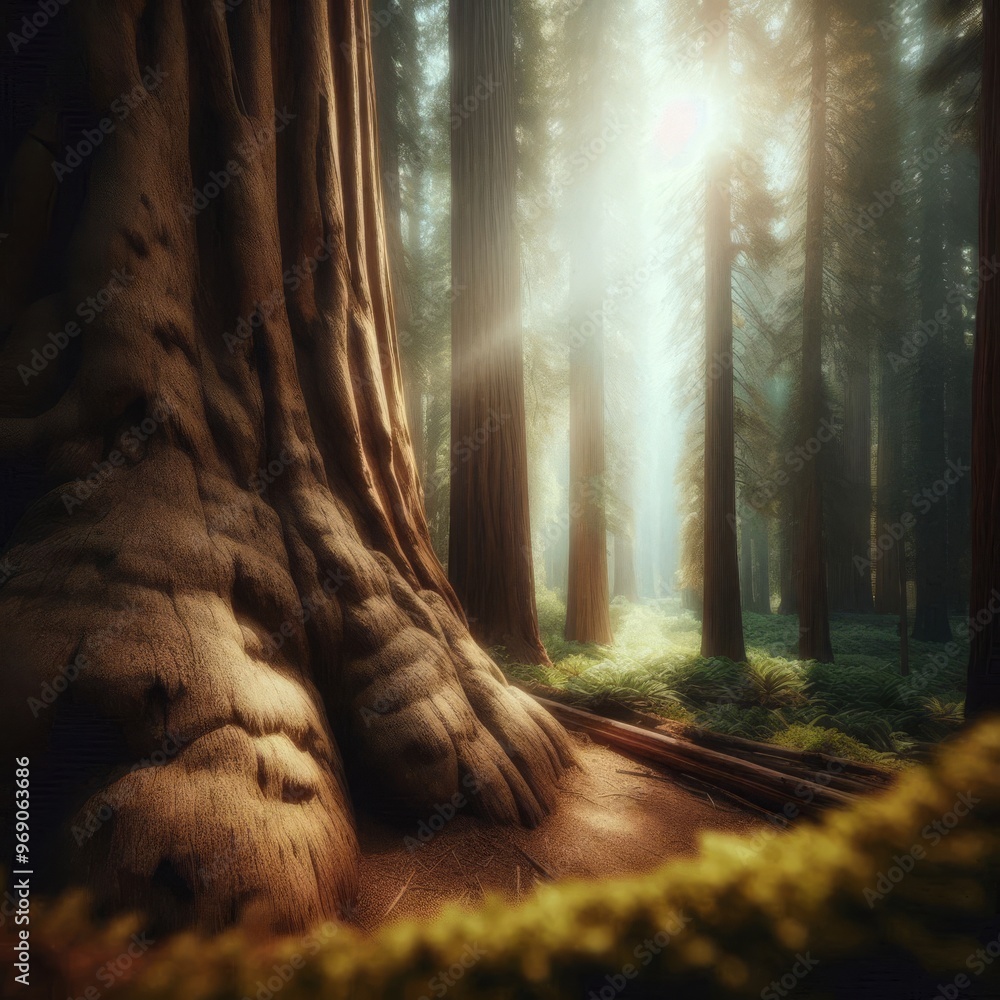 Poster a captivating forest scene with towering trees and sunlight streaming through the canopy, creating a