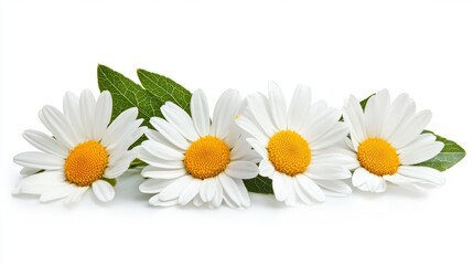 Close up of Daisy Flowers with leaves isolated on white background. Photography Stock.