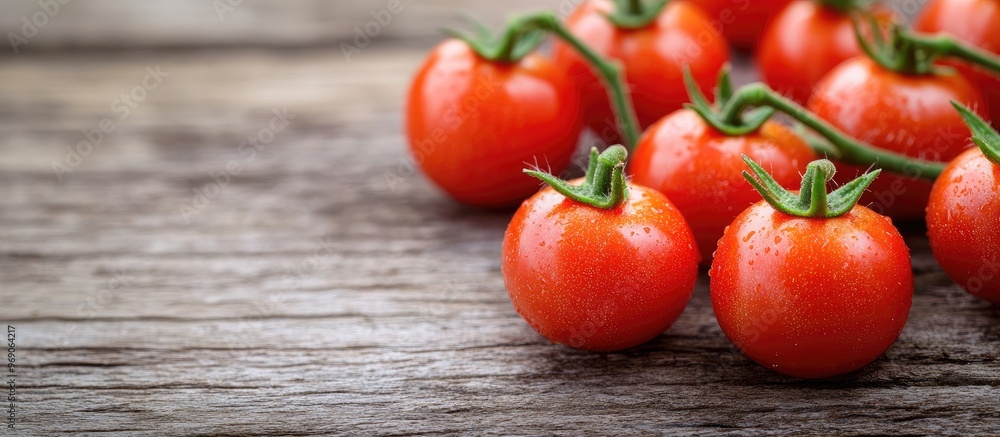 Poster fresh ripe mini organic tomatoes on a weathered wooden surface. with copy space image. place for add