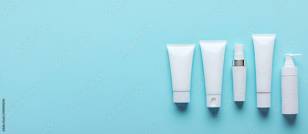 Aufkleber isolated spa cosmetic items white tubes branding mockup top view on a colored background. with copy 