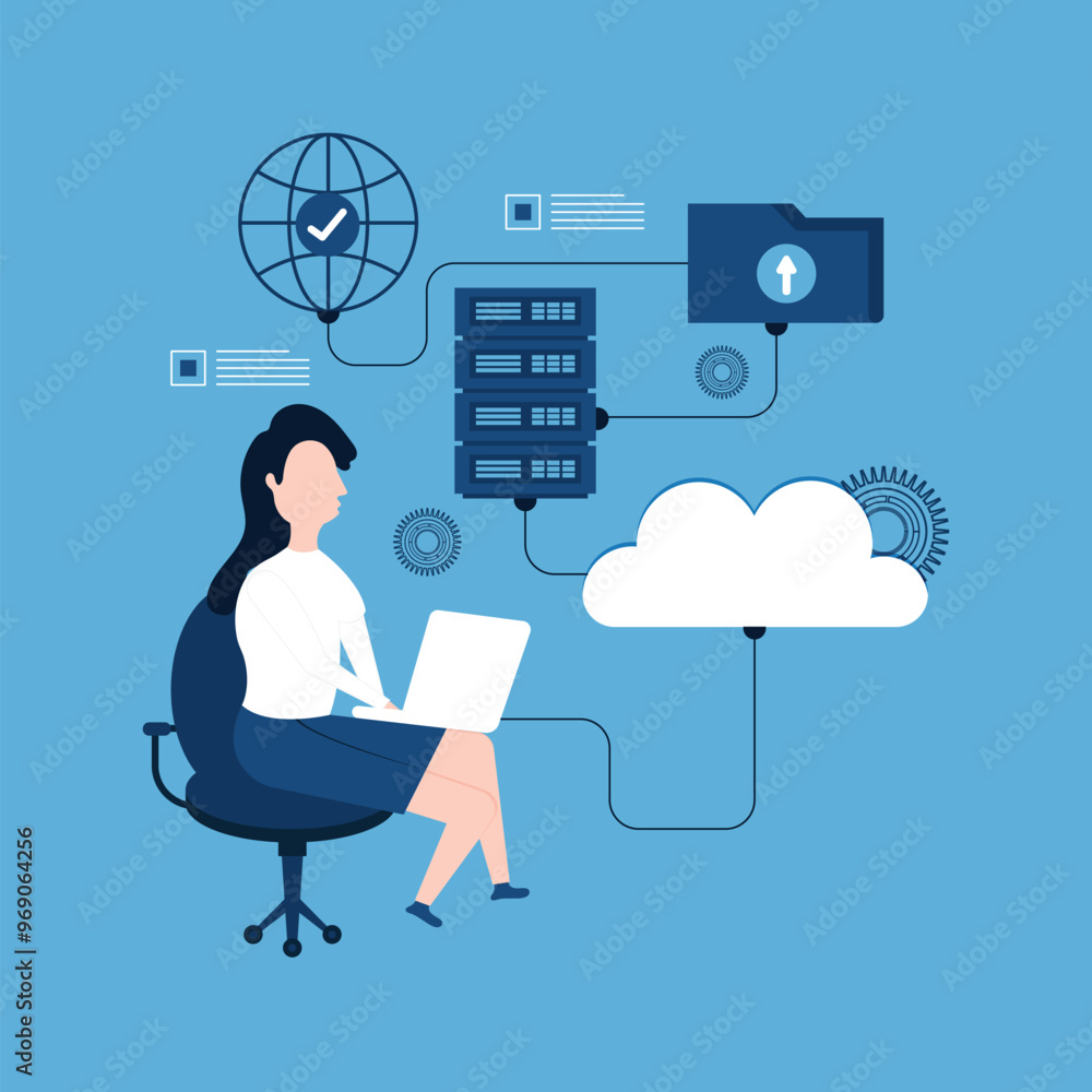 Poster web hosting concept with people characters. online database, server, web data centre, cloud computin