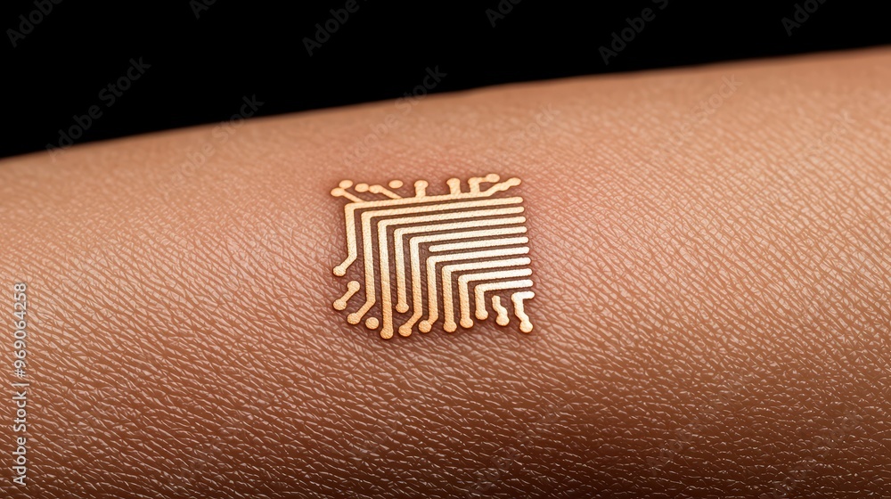 Poster a close-up view of a microchip design on human skin, showcasing advanced technology and innovation i