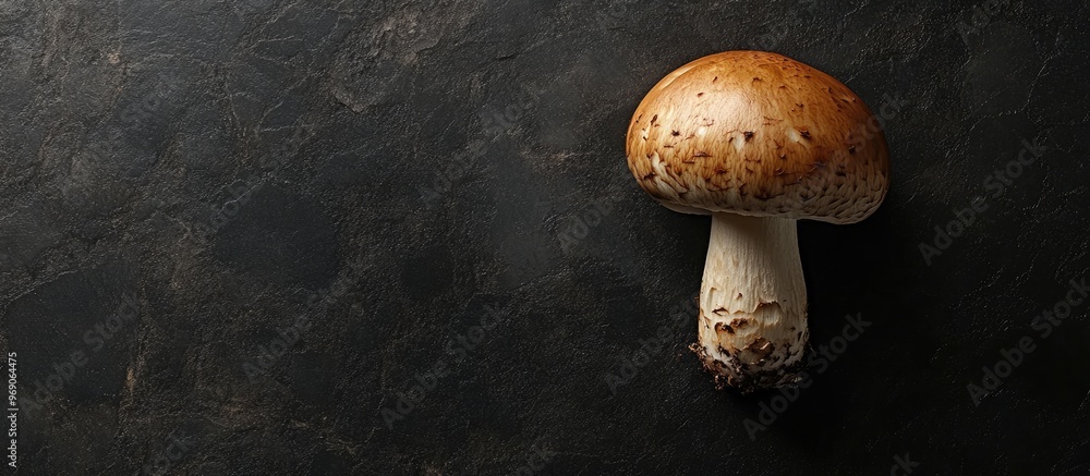 Poster top view of a mushroom on a black granite surface copy space dark mode