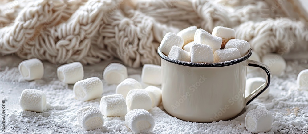 Poster Marshmallows in an enameled mug on a light colored background Image with selective focus and copy space Stay at home concept