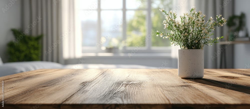 Poster Table top and blurred background in the bedroom. with copy space image. Place for adding text or design