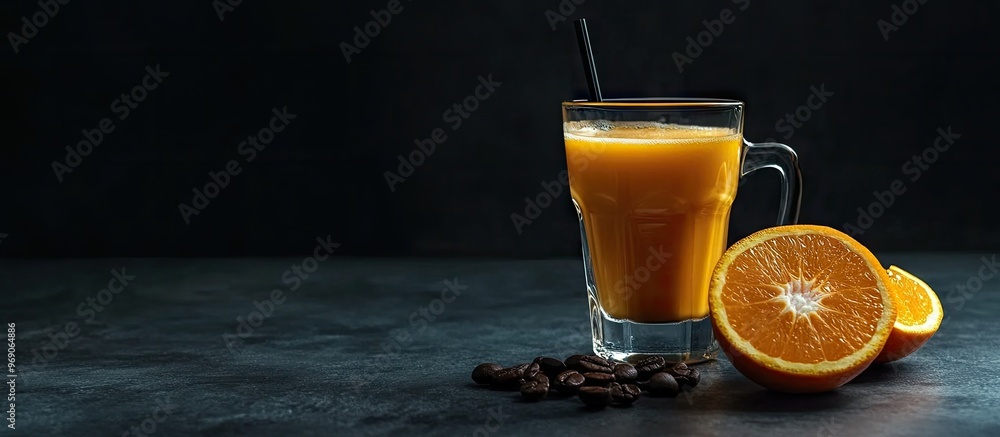 Poster a glass of delicious coffee alongside orange juice on a dark background. with copy space image. plac