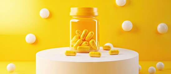 Opened medication bottle on a podium with white oval pills spilling out against a yellow background with copyspace
