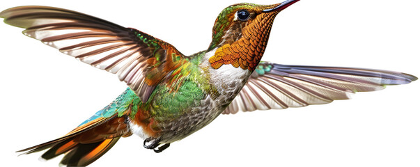 Obraz premium Colorful Flying Hummingbird on Transparent Background