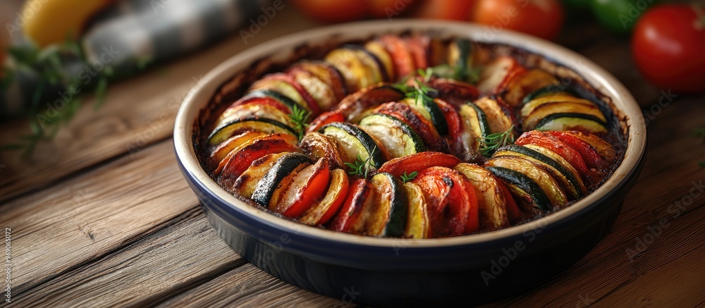 Poster ratatouille a classic provencal vegetable dish from france baked in the oven. with copy space image.