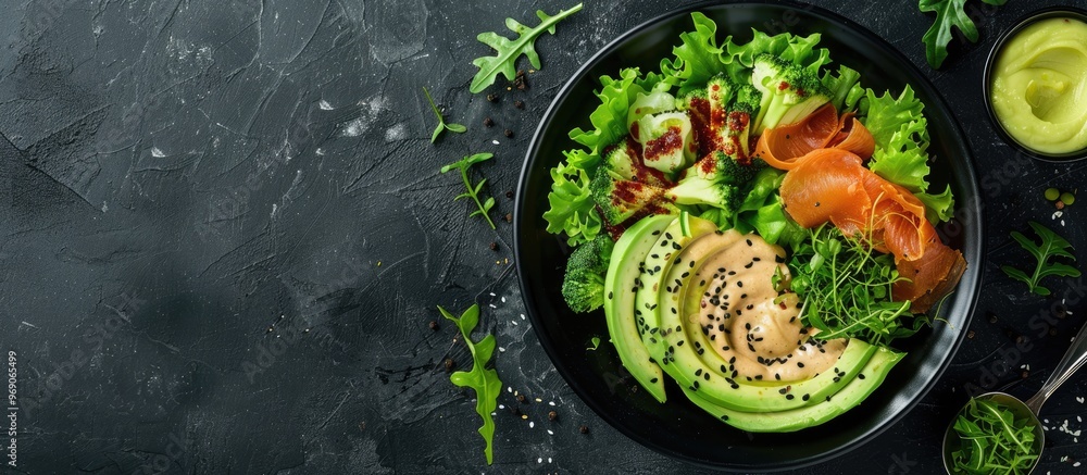 Poster green salad made from avocado and lettuce dressed with mayonnaise sauce presented in a bowl on a bla