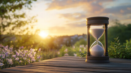 A hourglass on a wooden table in a garden