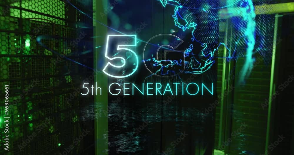 Poster animation of 5g 5th generation and digital data processing with globe over computer servers