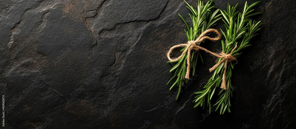 Poster Fresh rosemary bundle and jute twine on a black stone table backdrop Cooking spices Top view banner. with copy space image. Place for adding text or design