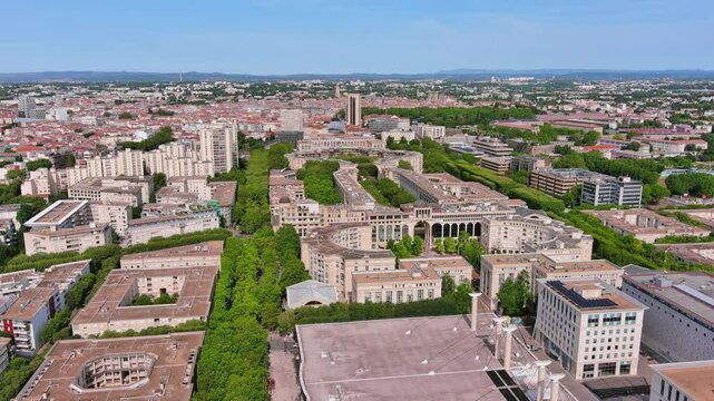 Montpellier, France: Aerial view of famous French historic city, Antigone neighbourhood, summer day with blue sky - landscape panorama of Europe from above
