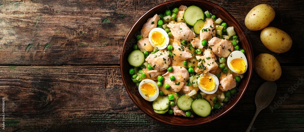 Aufkleber russian salad olivier featuring potatoes chicken eggs cucumber and green peas in a bowl set against 