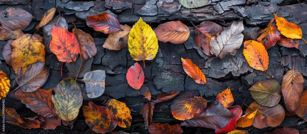Aufkleber fallen autumn foliage and leaves on weathered wood. with copy space image. Place for adding text or design