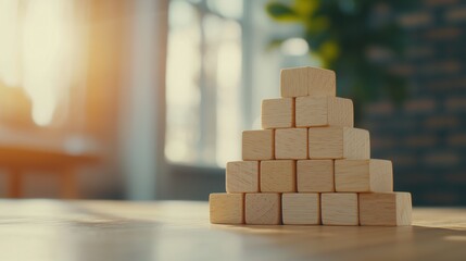 Gradual Business Growth Pyramid with Wooden Blocks in Warm Light - Side View